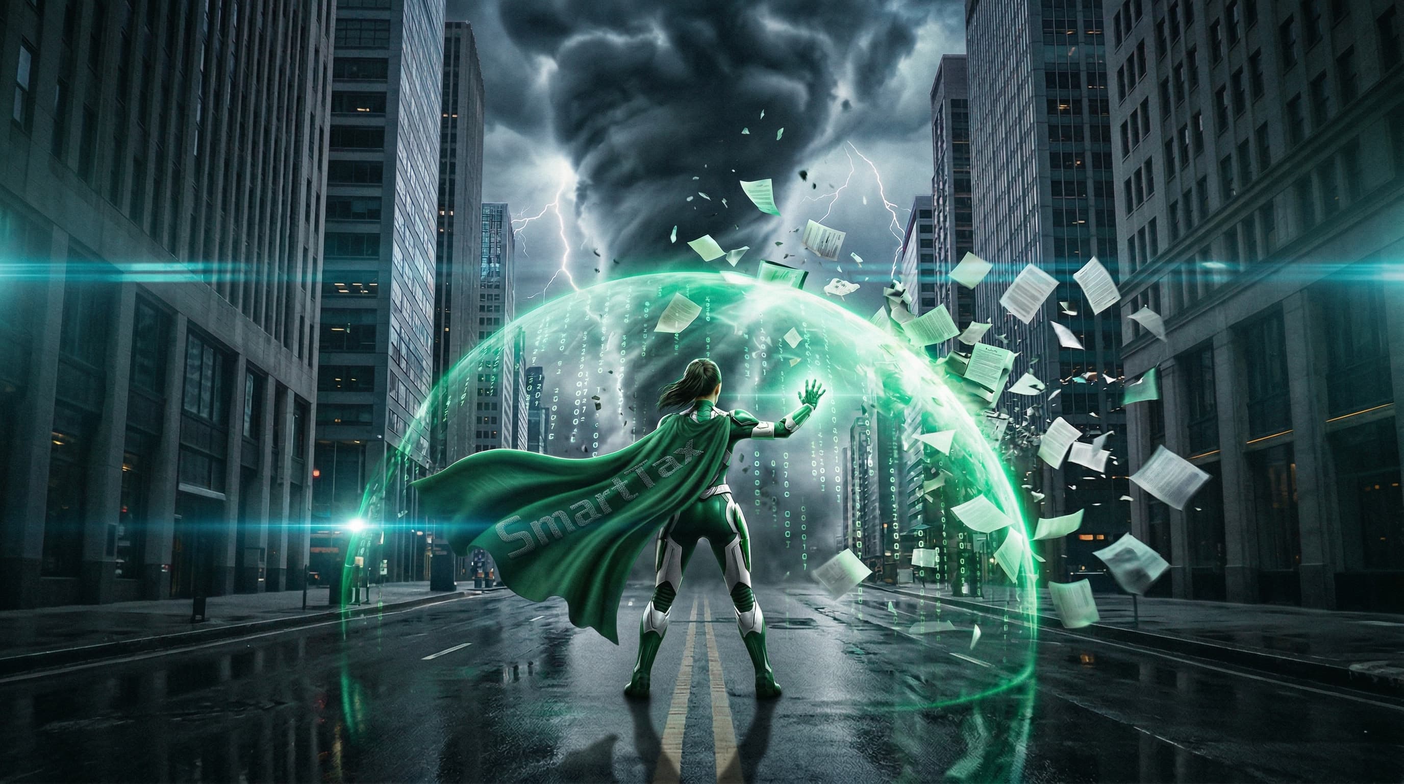 SmartTax 稅務英雄以綠色能量護盾抵擋稅務文件風暴